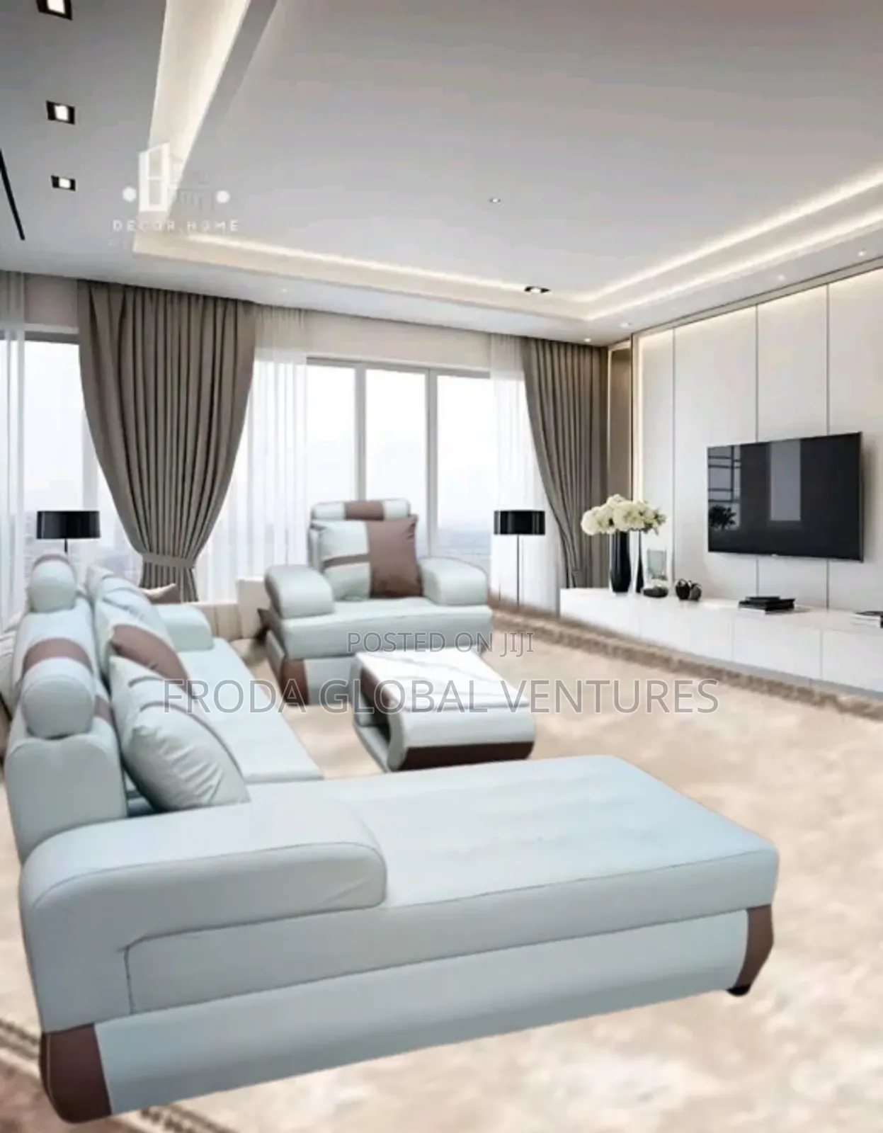 Leather Couch of L-Shape Sofa, Single Chair and Table. Jp23