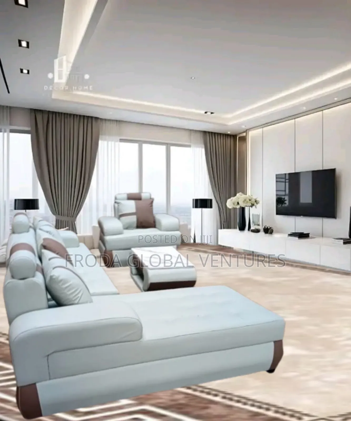 Leather Couch of L-Shape Sofa, Single Chair and Table. Jp24