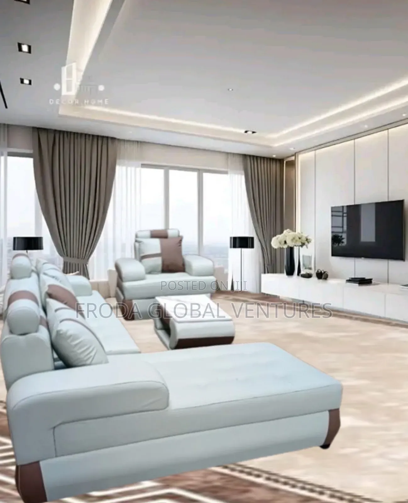 Leather Couch of L-Shape Sofa, Single Chair and Table. Jp25