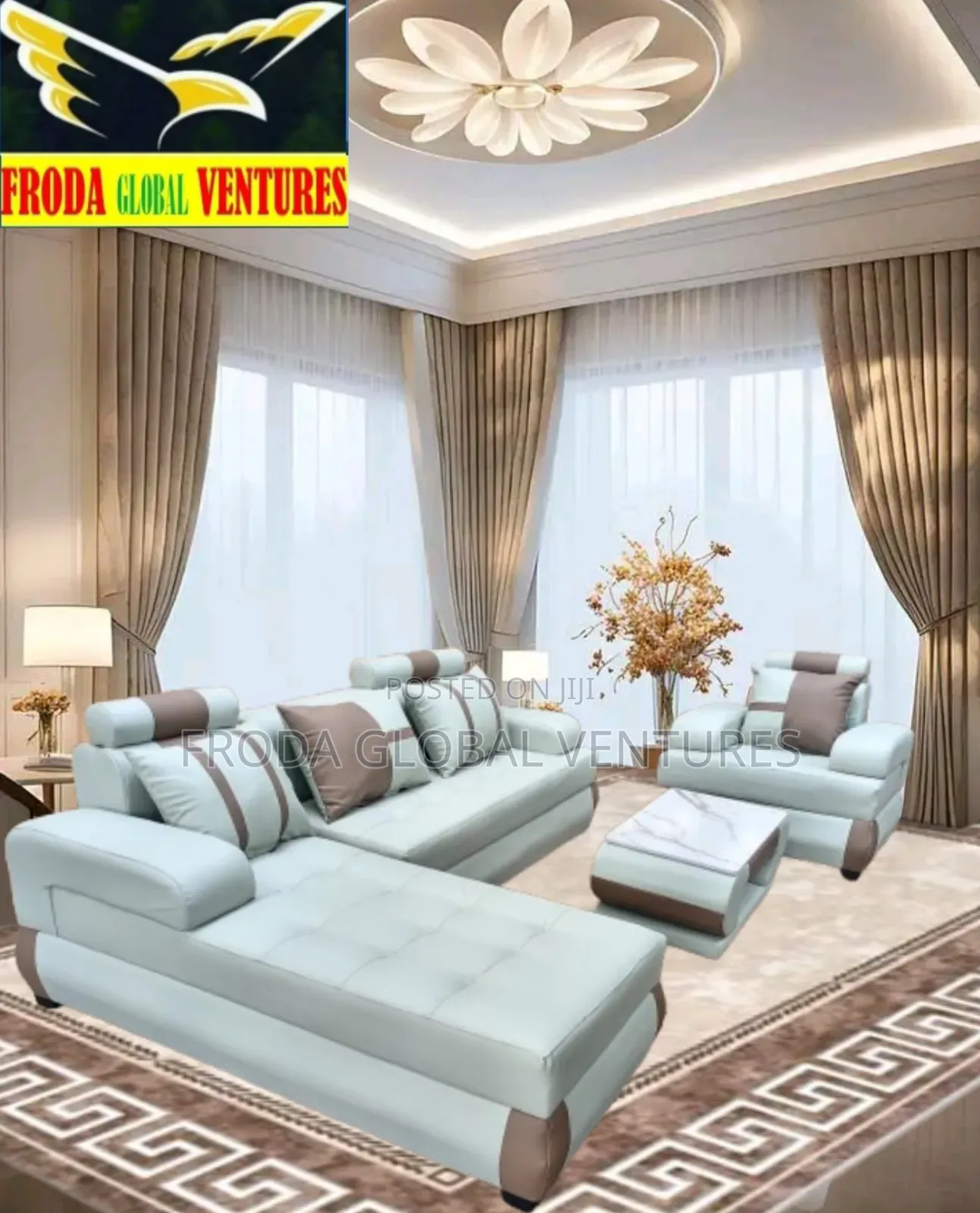 Leather Couch of L-Shape Sofa, Single Chair and Table. Jp27