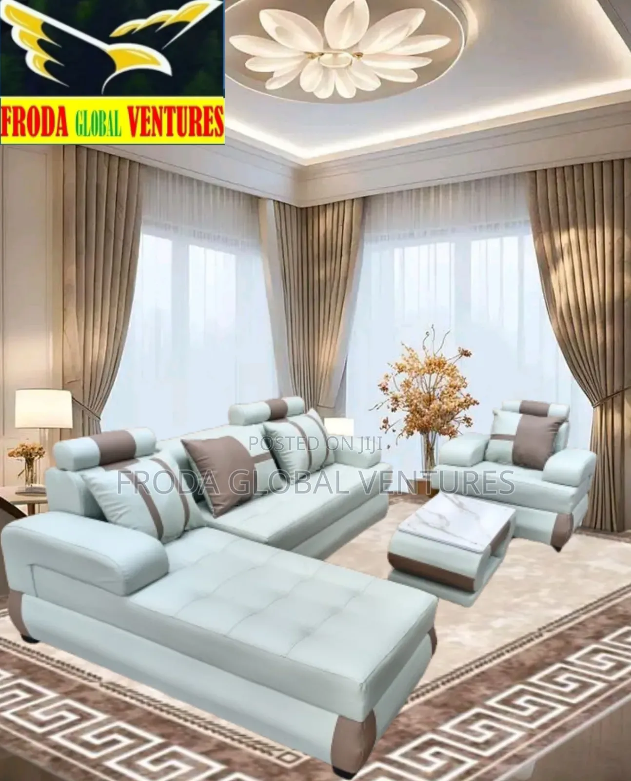 Leather Couch of L-Shape Sofa, Single Chair and Table. Jp28