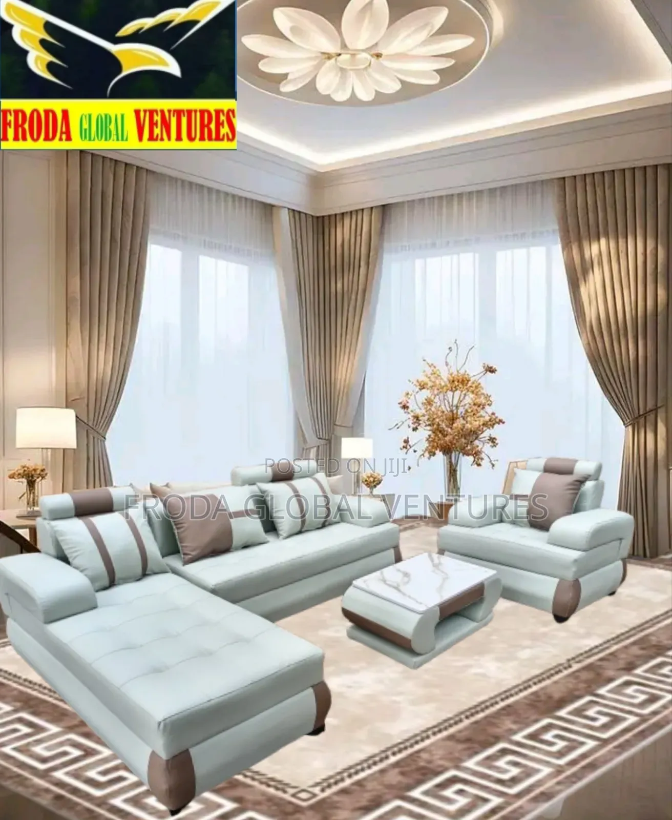 Leather Couch of L-Shape Sofa, Single Chair and Table. Jp29