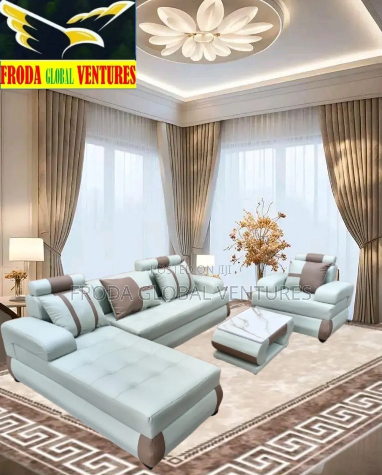 Leather Couch of L-Shape Sofa, Single Chair and Table. Jp30
