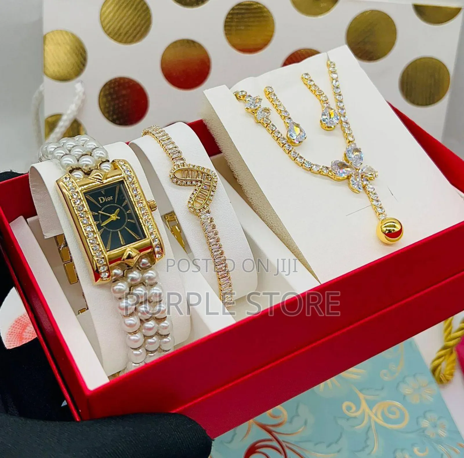 Dior Women Watch, Iced Necklace,Bracelet and Earrings Set 