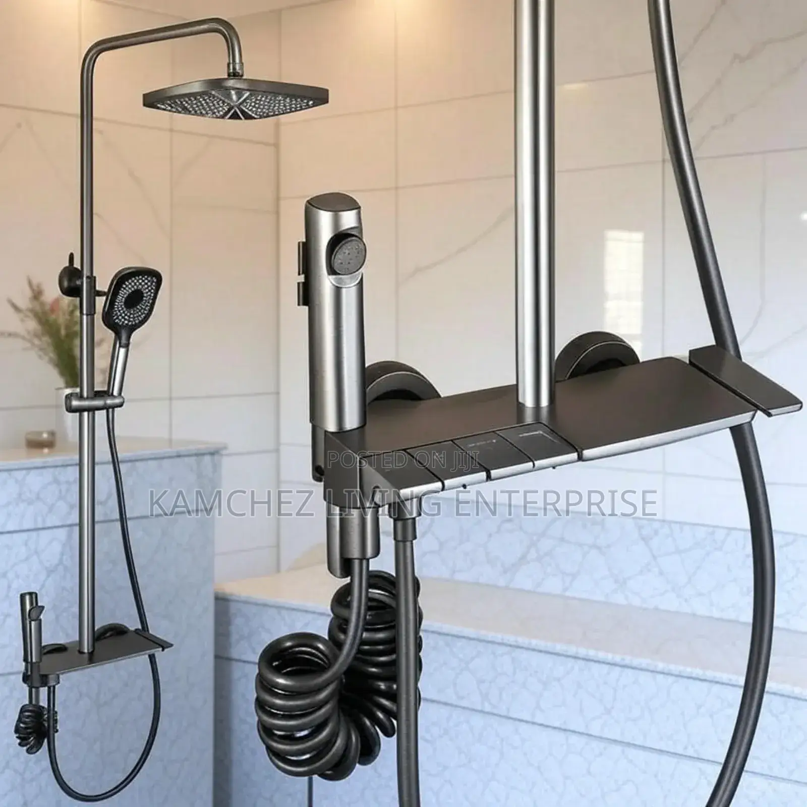 Thermostat Standing Shower Mixer Set,Black Piano Finish