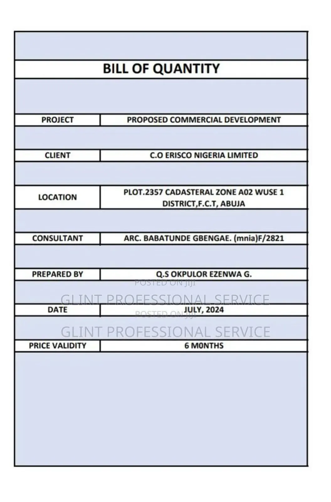 Bill of Quantity and Material Schedule