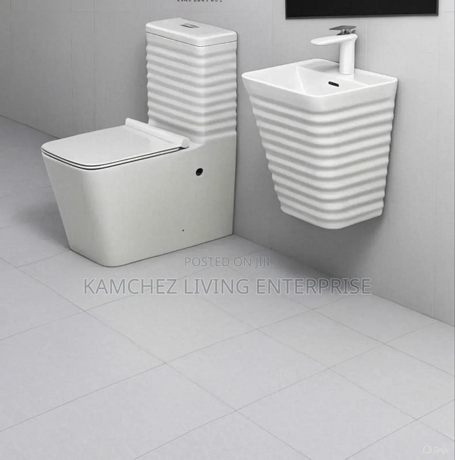 Modern Ribbed Ceramic Toilet Wall Sink Set – Wall Hung