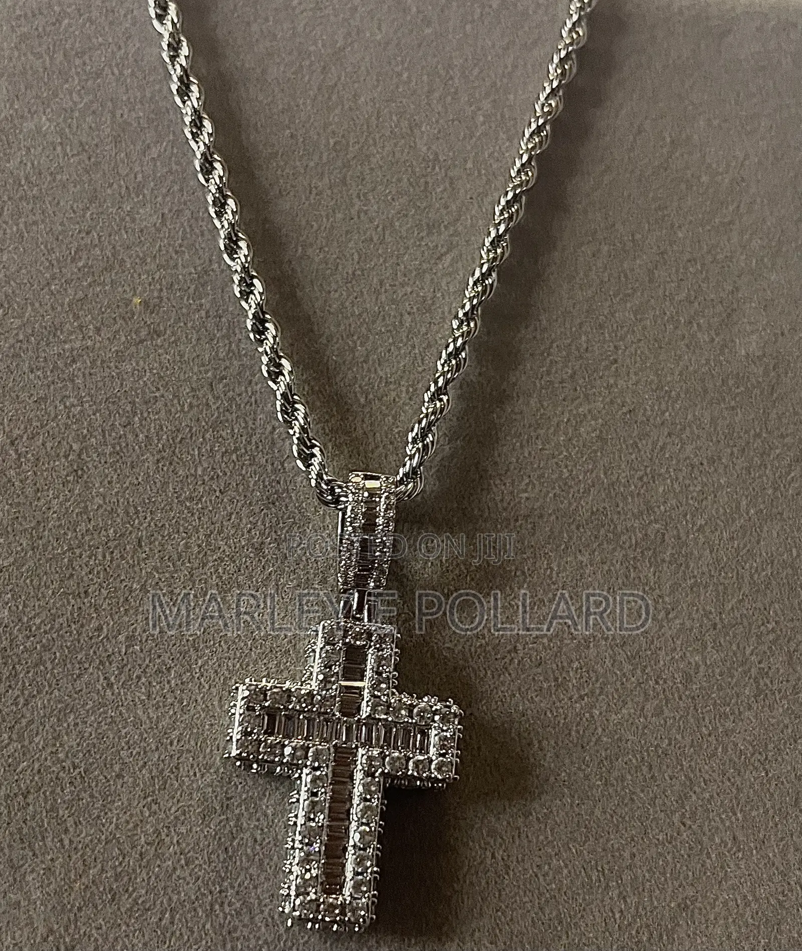 Quality Platinum Cz Diamond Rope Cross Chain Necklace,