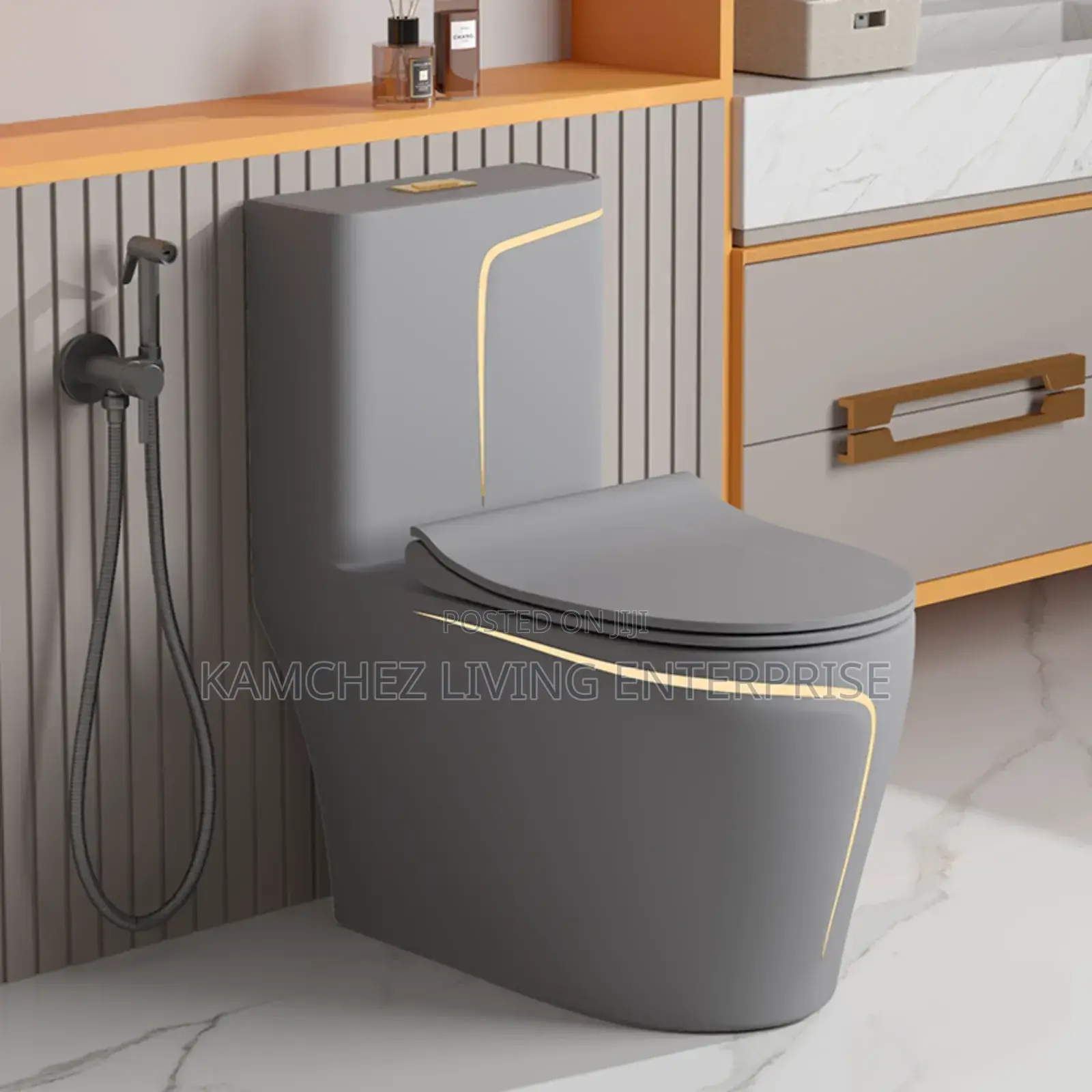 Gold on Grey Luxury Toilet – Elegant One-Piece Wc