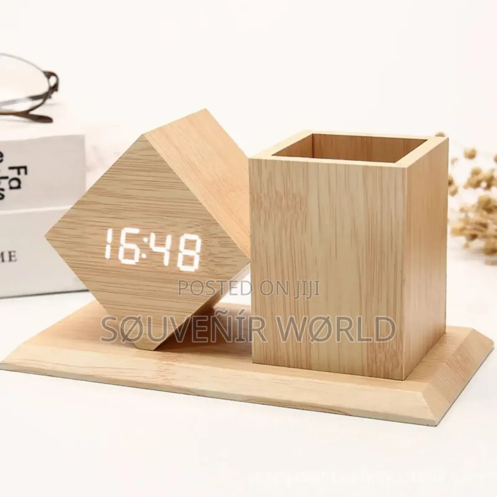 Wooden Digital Clock And Pen Holder