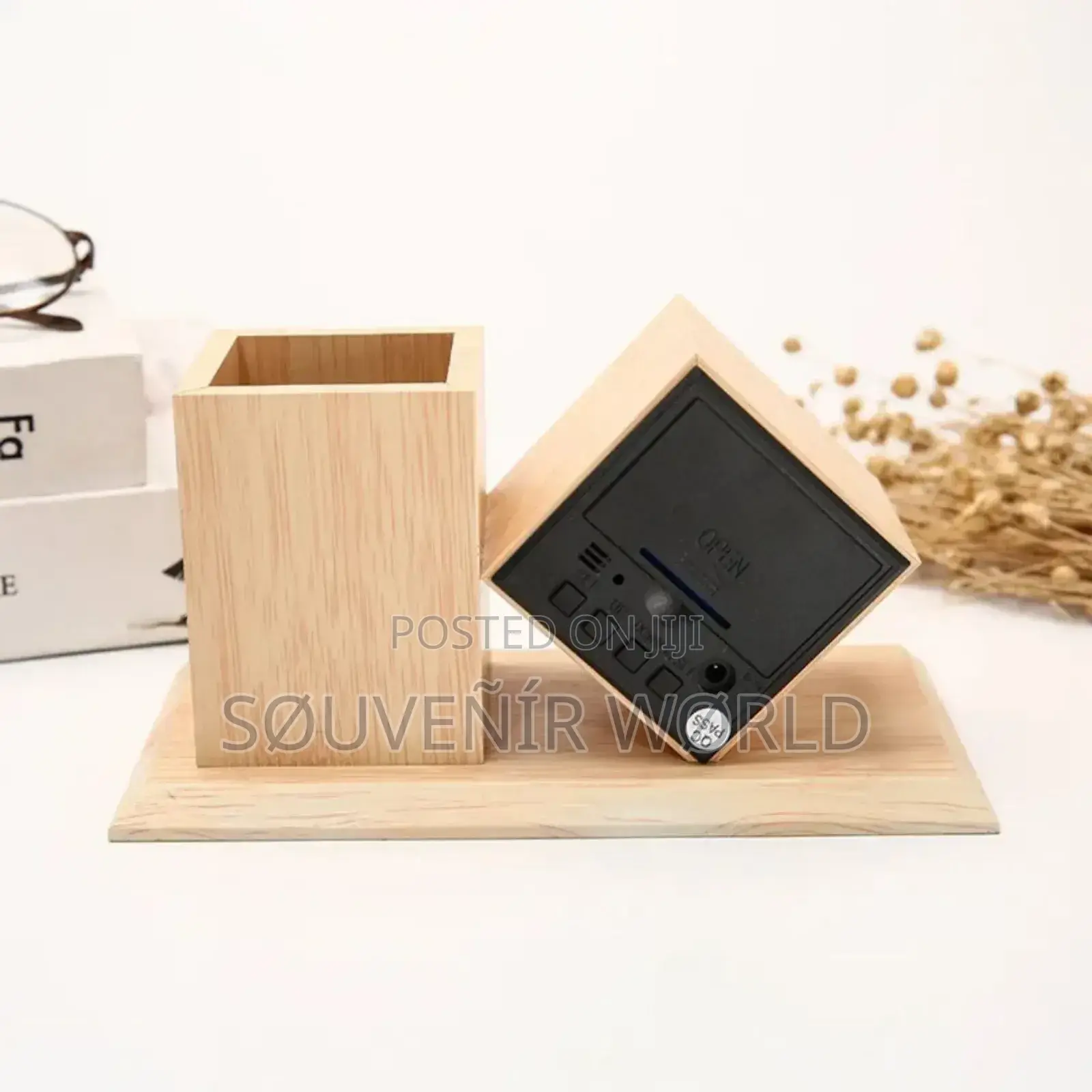 Wooden Digital Clock And Pen Holder