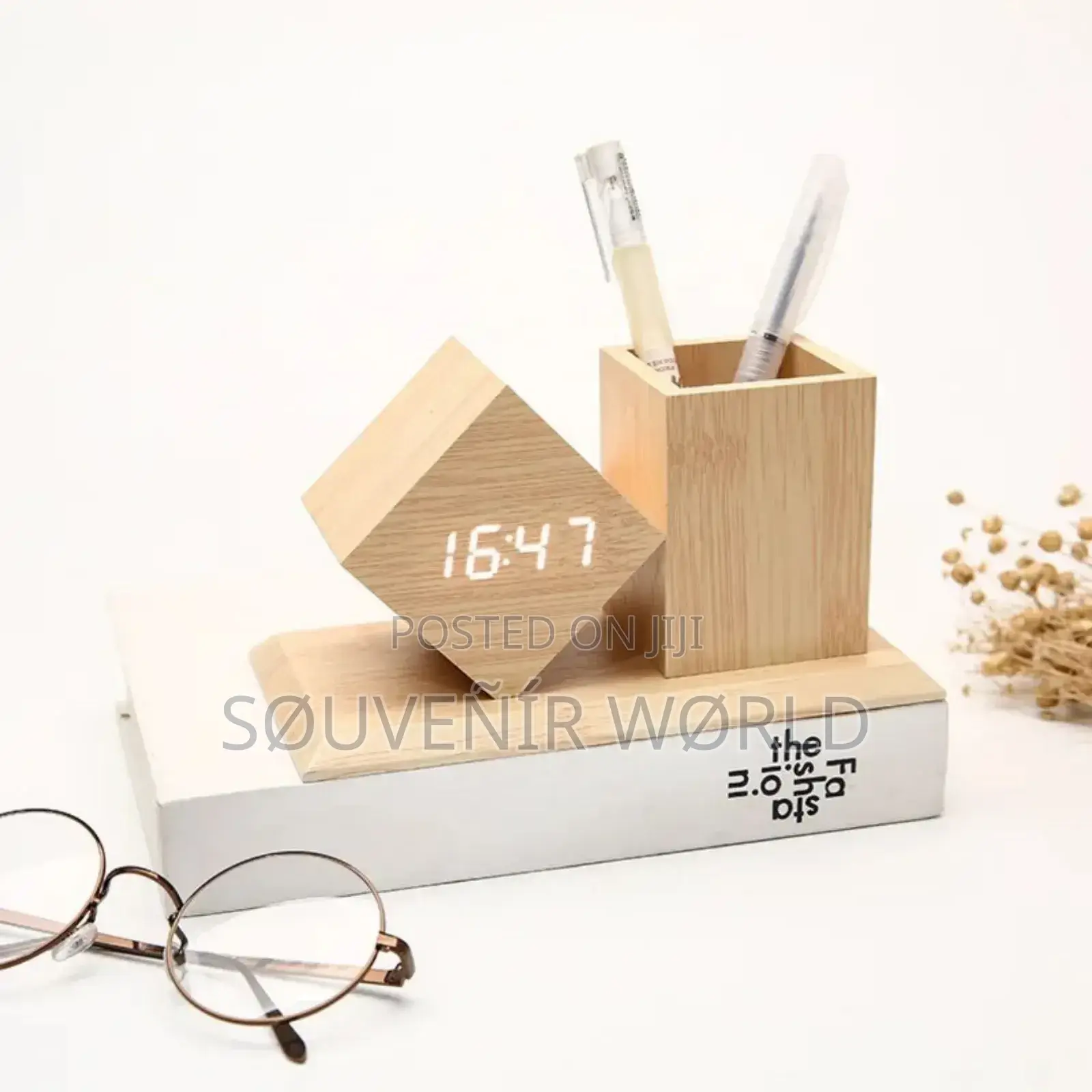 Wooden Digital Clock And Pen Holder