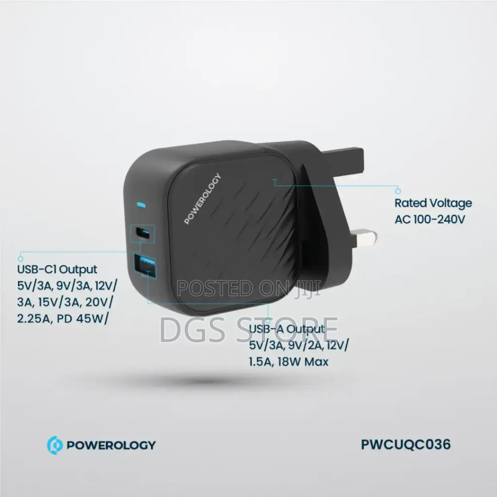 Powerology Pwc036 Gan Dual Port Wall Charger 45w