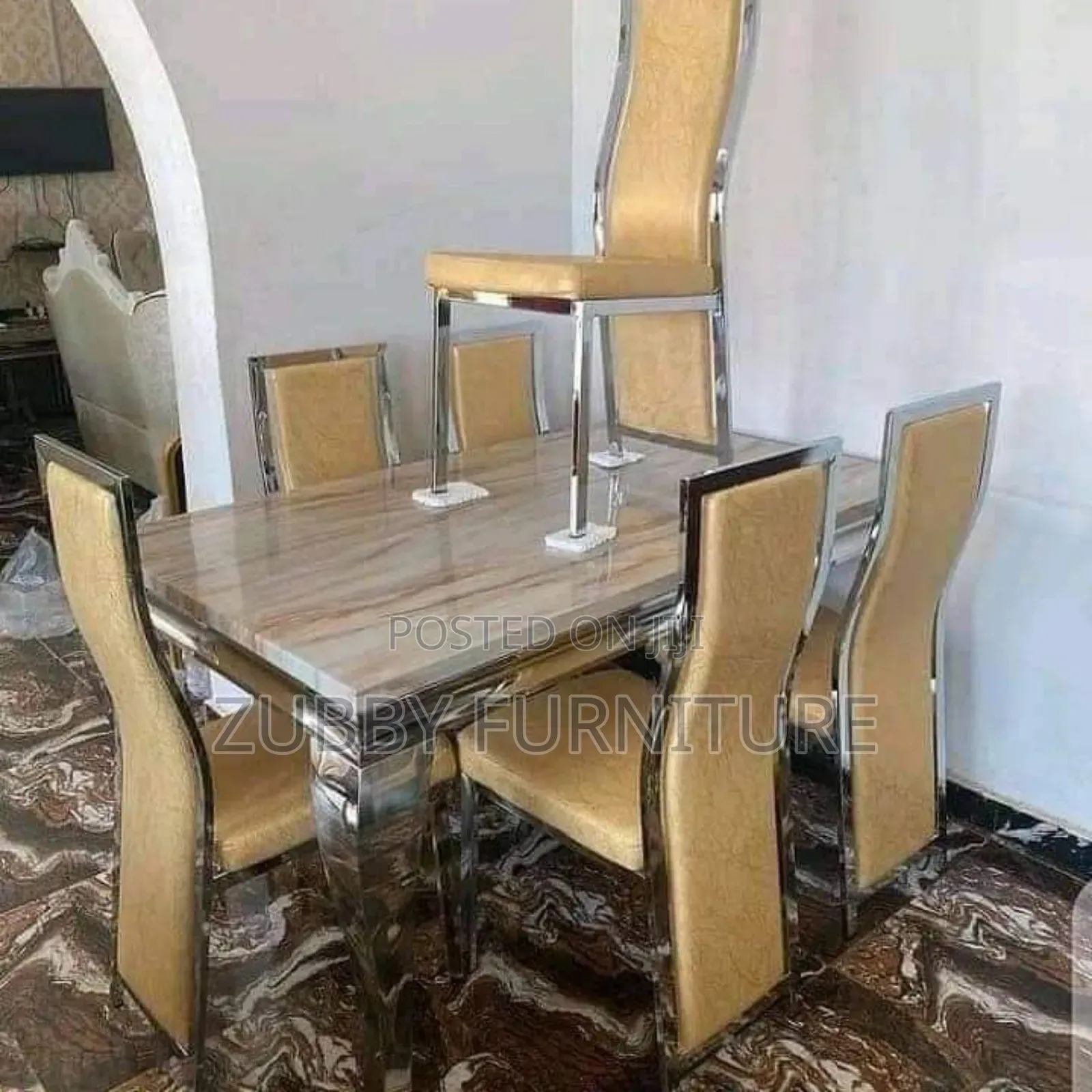 Quality and Imported Marble Top Dining Table by 6 Chairs