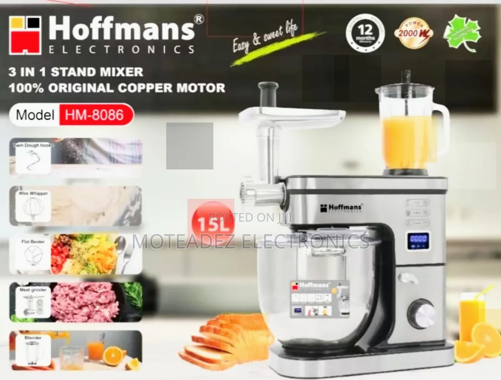 Hoffmans 15l 2000w (3in1) Stand Cake Mixer/Blender/Grinder