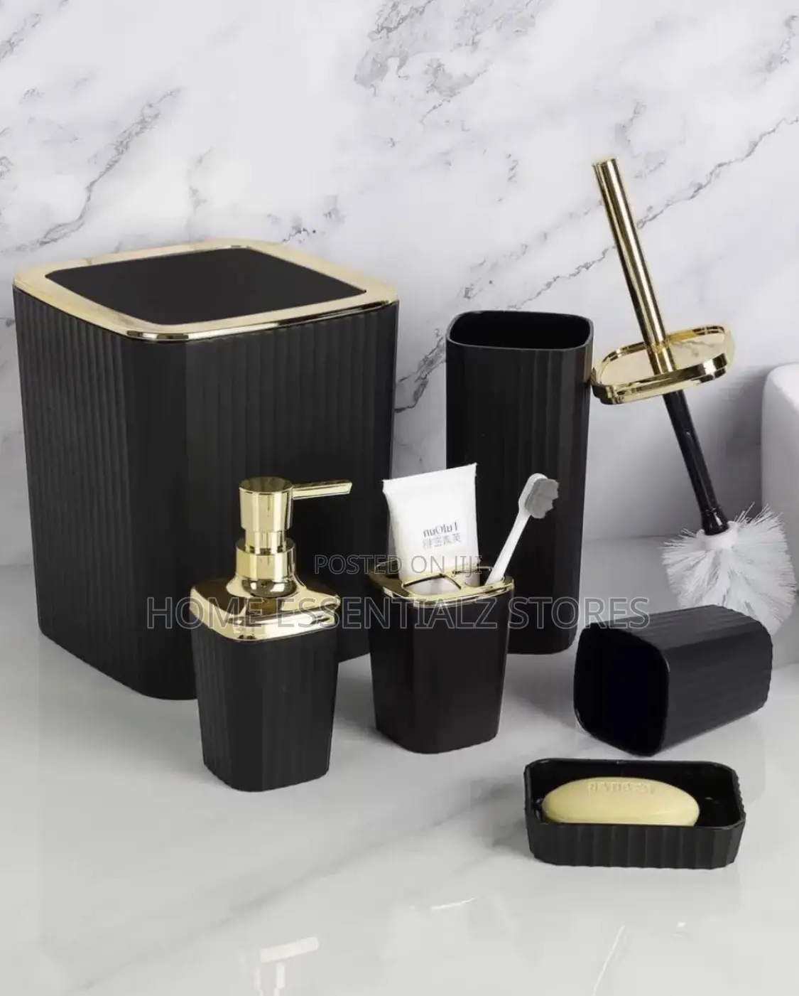 Luxury Bathroom Accessory Set With Gold Trim- Soap Dispenser Trash Can