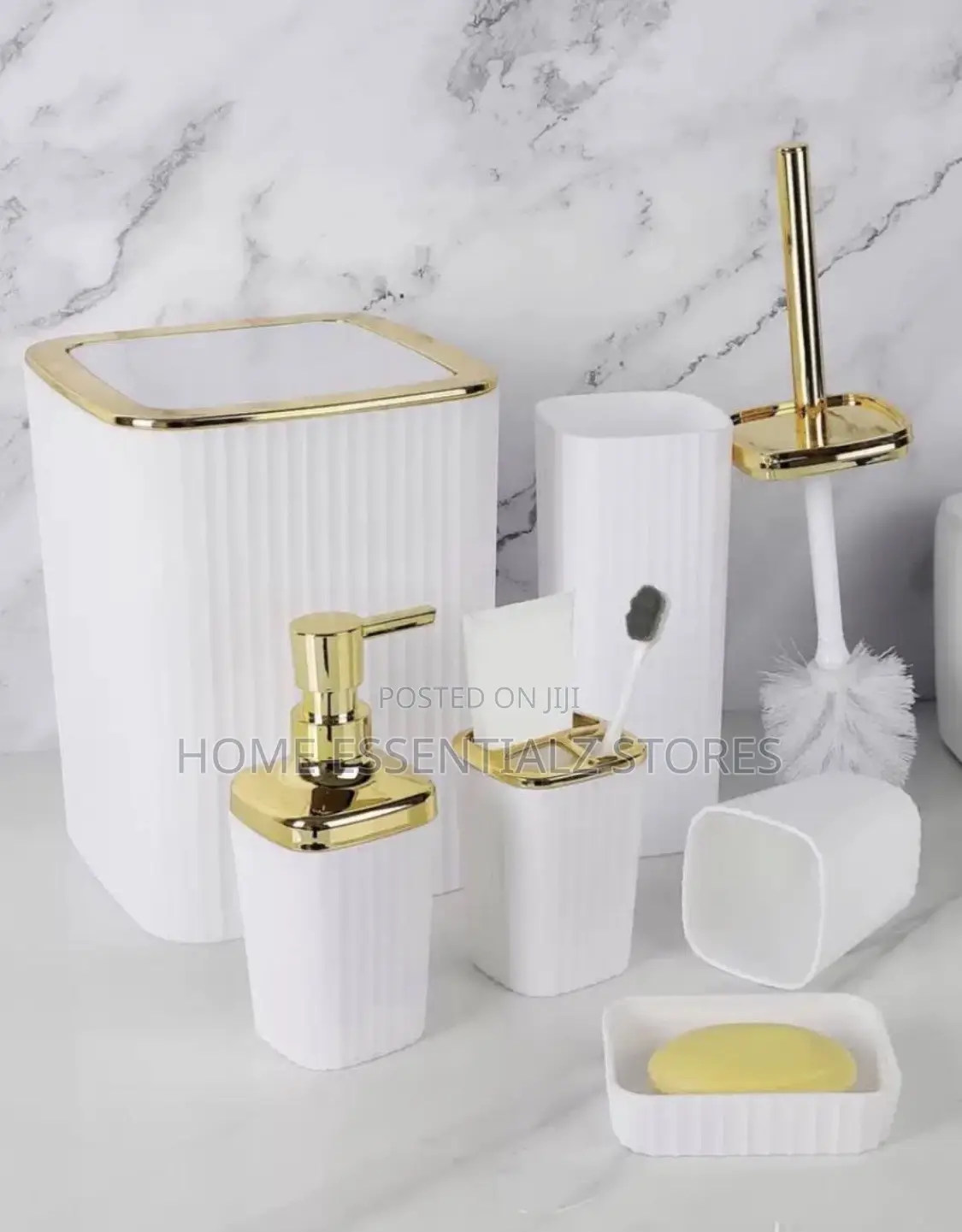 Luxury Bathroom Accessory Set With Gold Trim- Soap Dispenser Trash Can