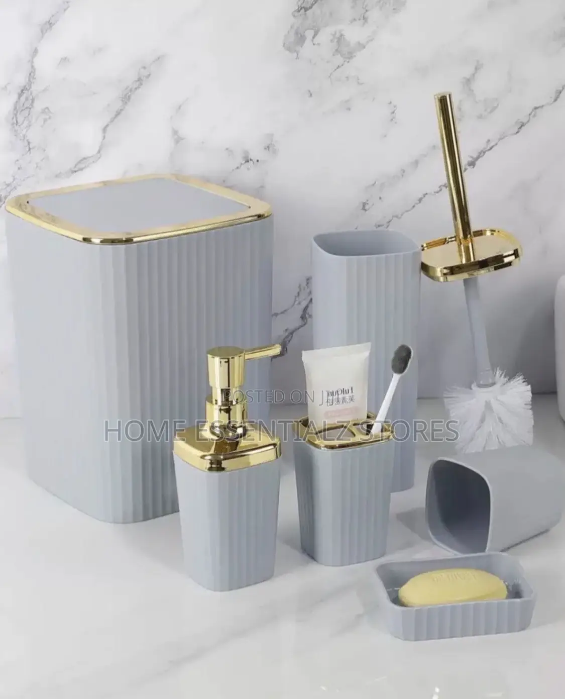 Luxury Bathroom Accessory Set With Gold Trim- Soap Dispenser Trash Can
