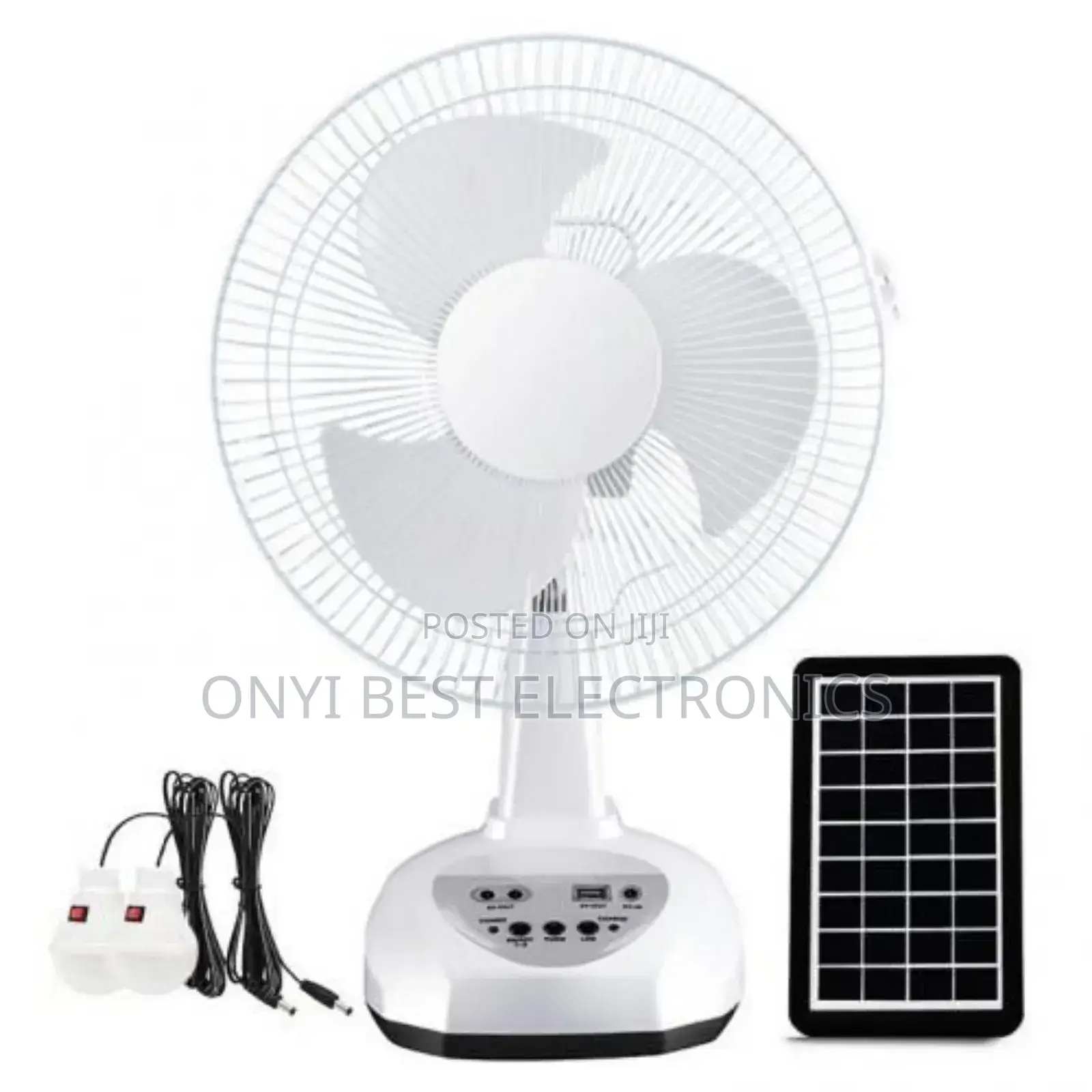 Luxe 12" Rechargeable Fan With Solar Panel With Bulbs