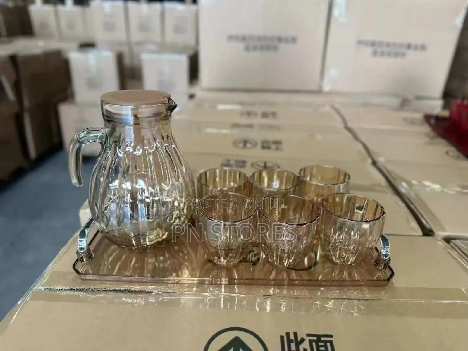 Quality Glass Jug With Cups and Tray