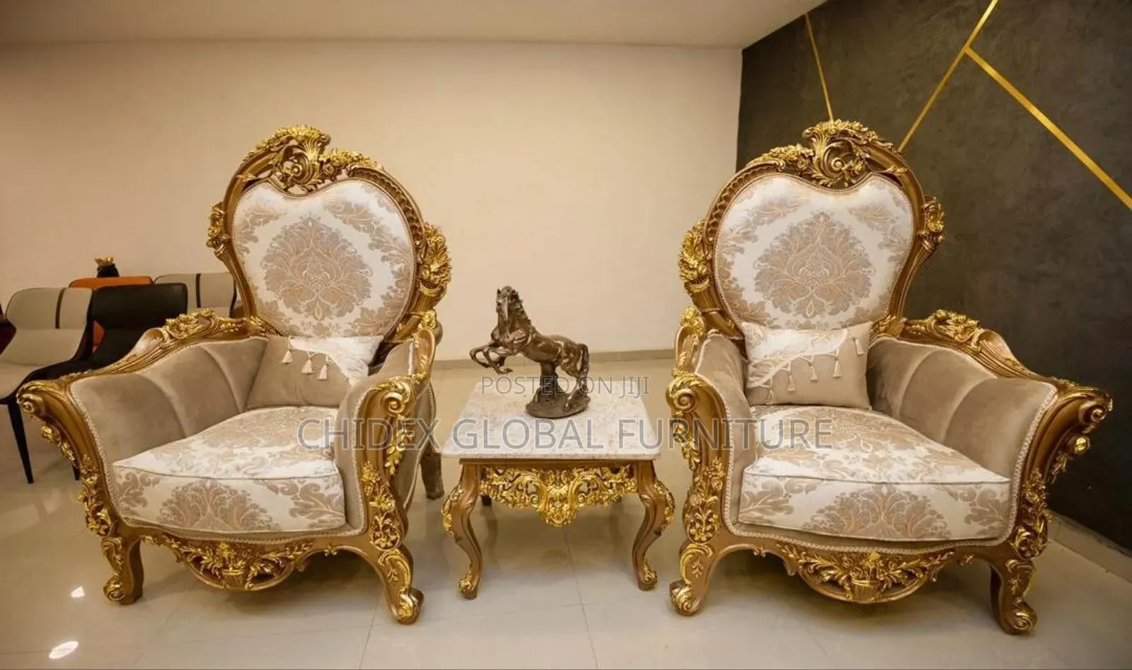 Set of Royal Chairs With Center Table and Stools.