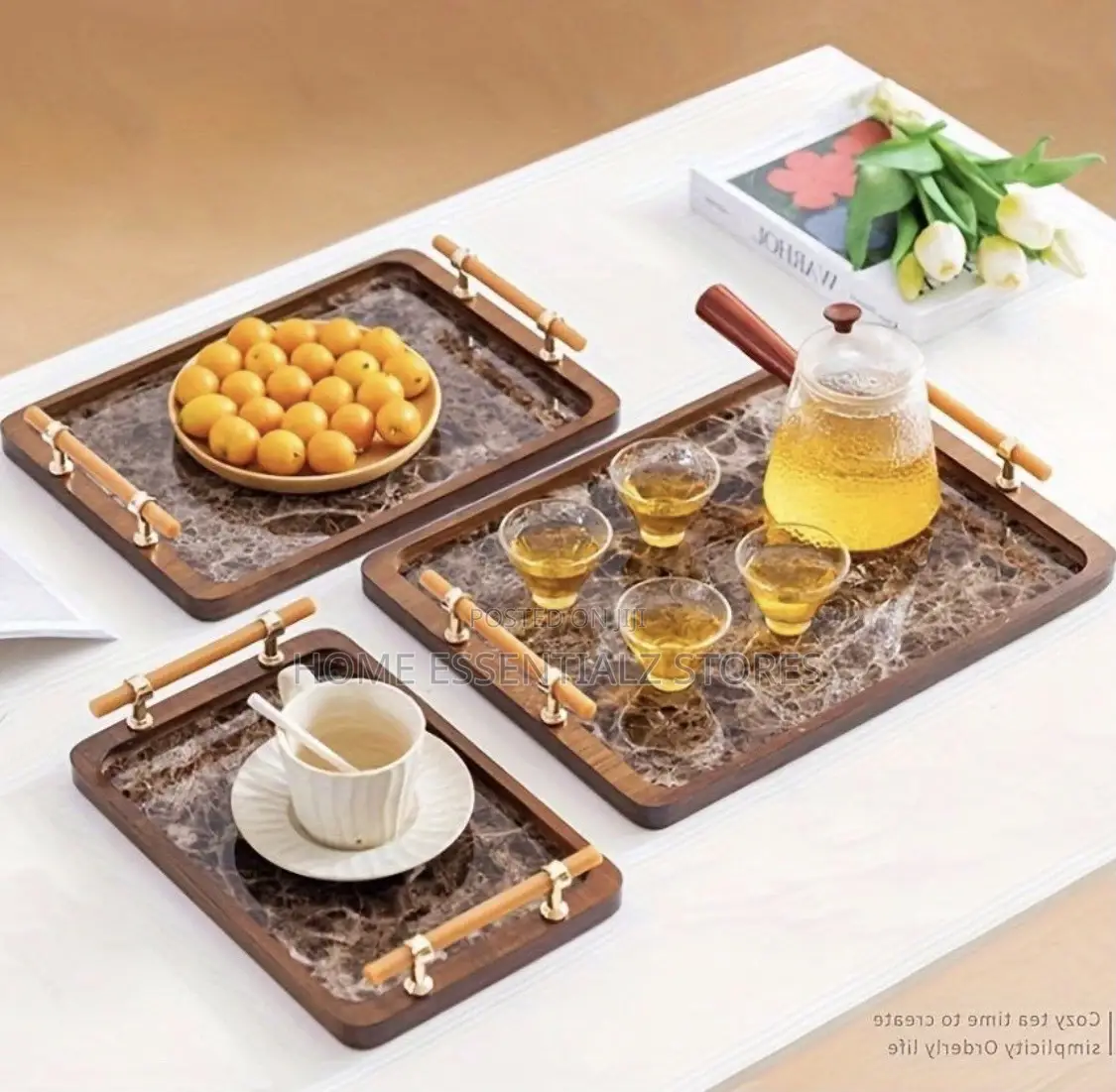 3 Pieces Set of Marble Texture Bamboo Wooden Trays