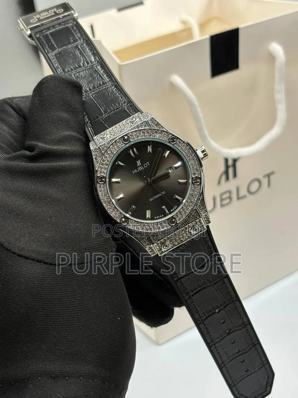 Leather Hublot Watch With Stone Dial