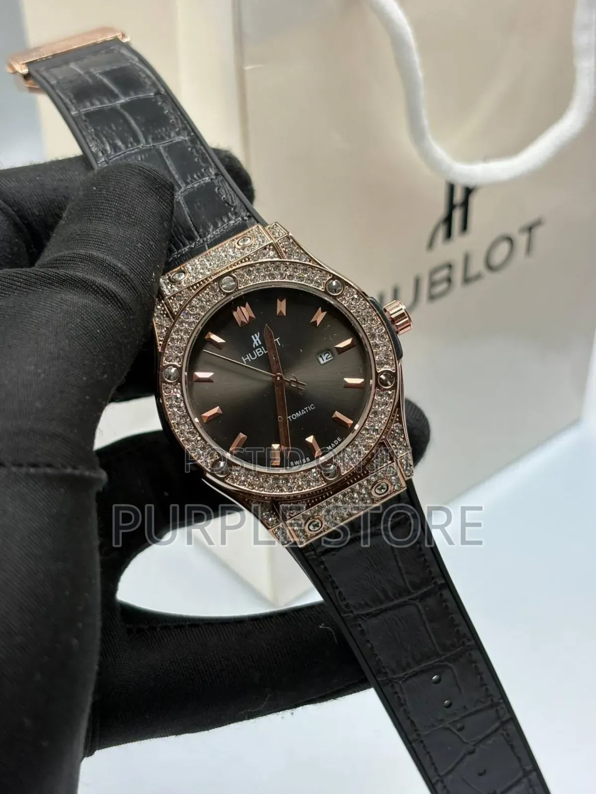 Leather Hublot Watch With Stone Dial
