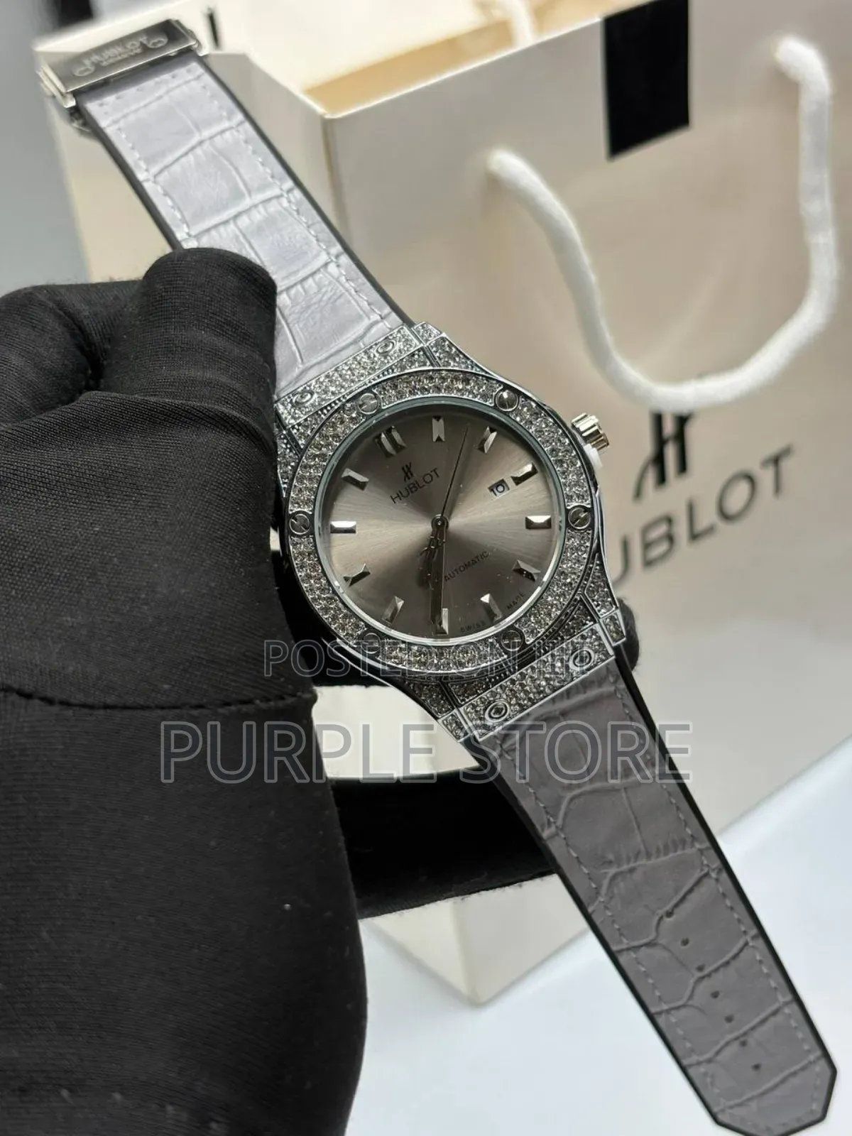 Leather Hublot Watch With Stone Dial