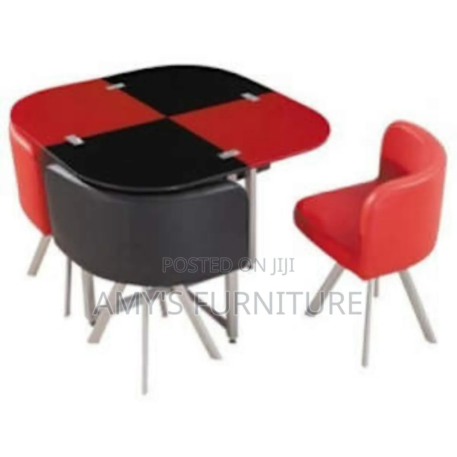 Space Saver Glass Table 4 Seater Chairs - Black Red
