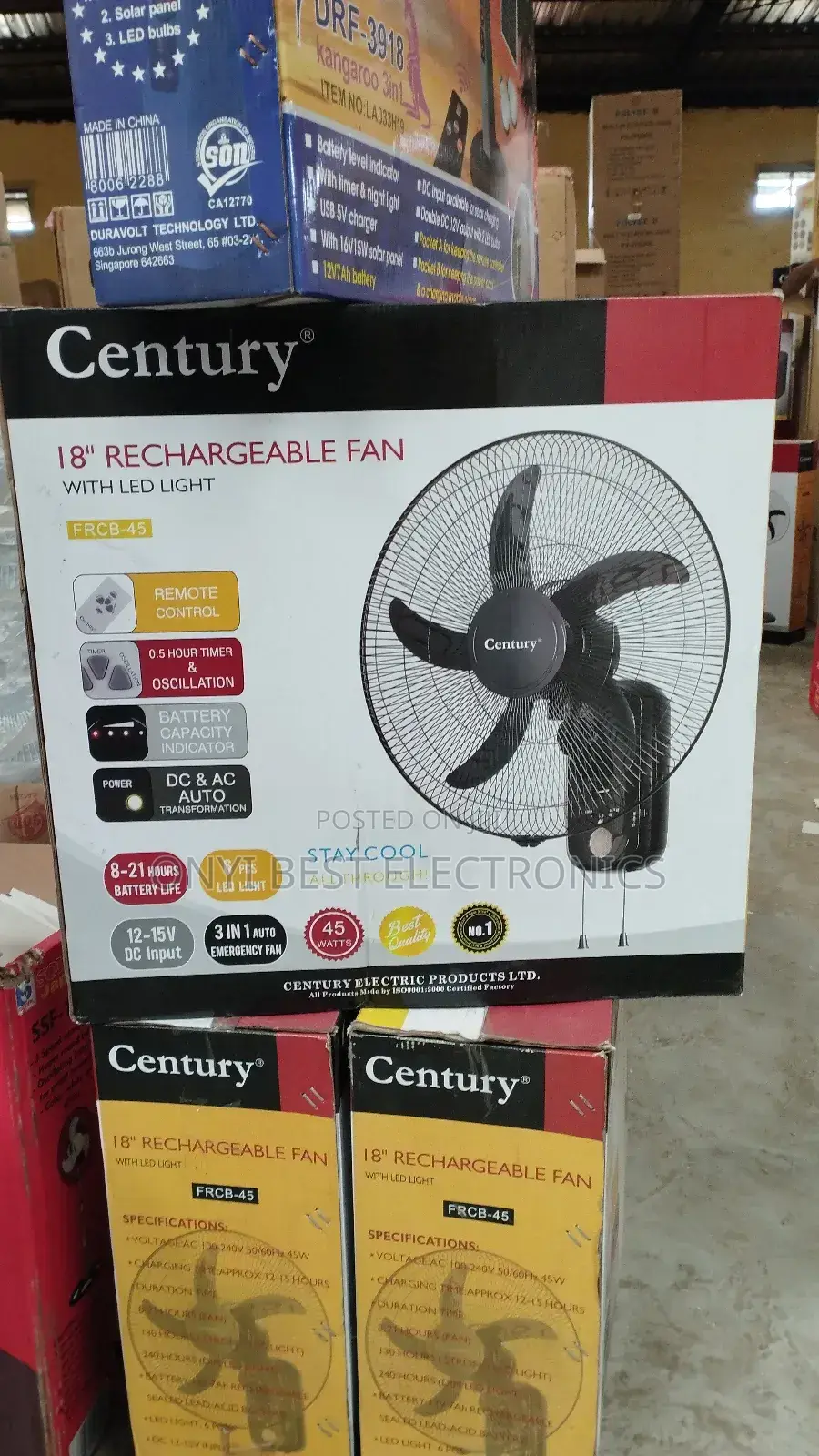 Century 18-Inch Rechargeable Wall Fan + Led Light FRCB-45