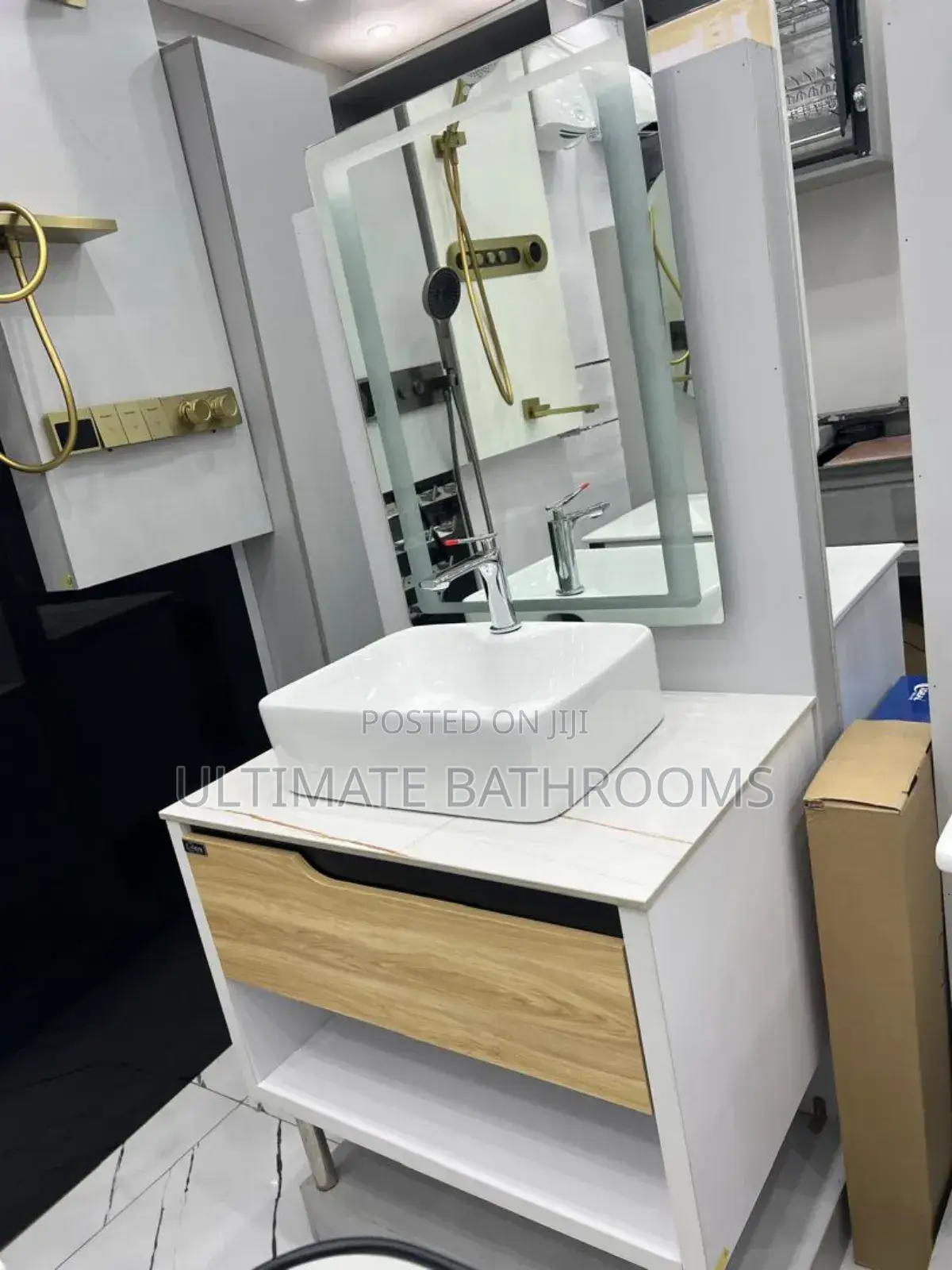 80cm White and Wooden Colour Cabinet Basin With Mirror