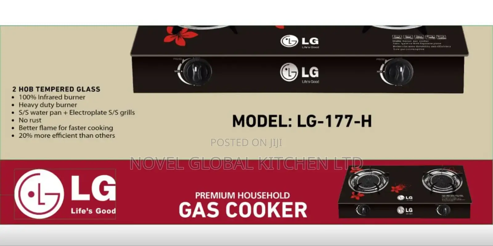 Two Burner L.G Gas Cooker With Glass Top