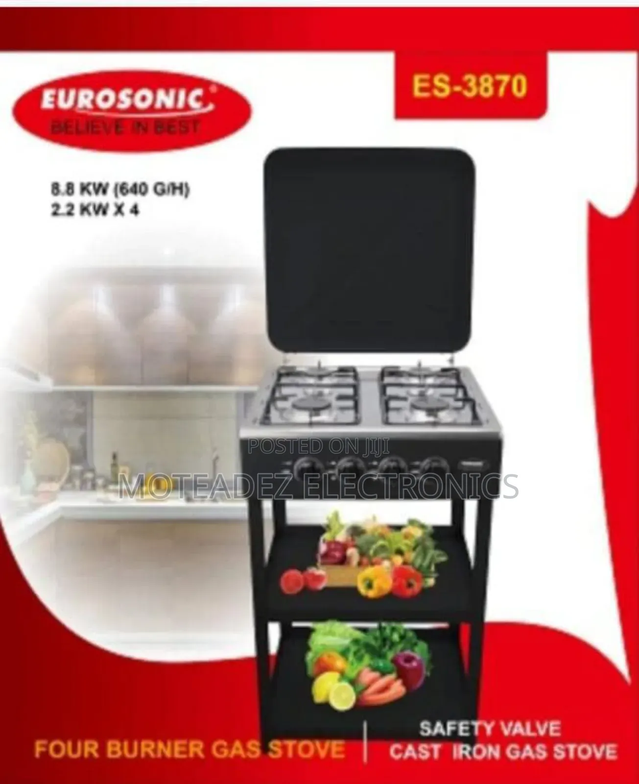 Eurosonic Cast Iron 4 Burners Non Stick Standing Gas Cooker