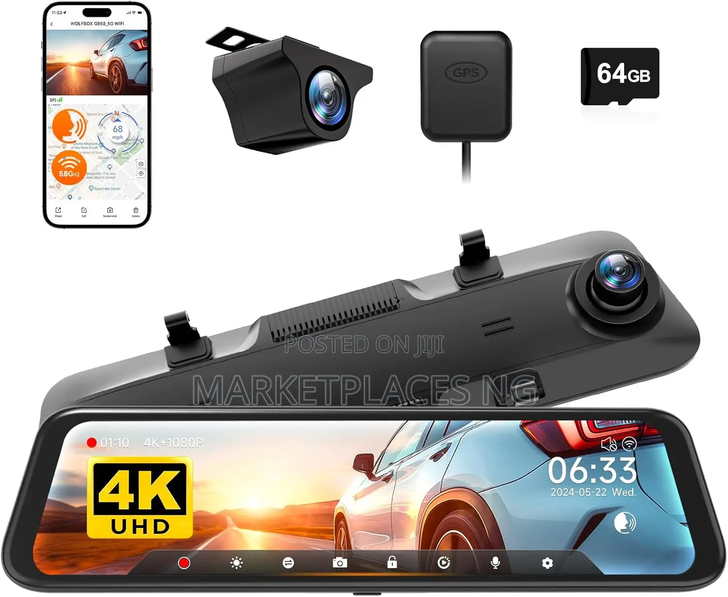 Wolfbox G850 12" Mirror Dash Cam With Voice Control GPS