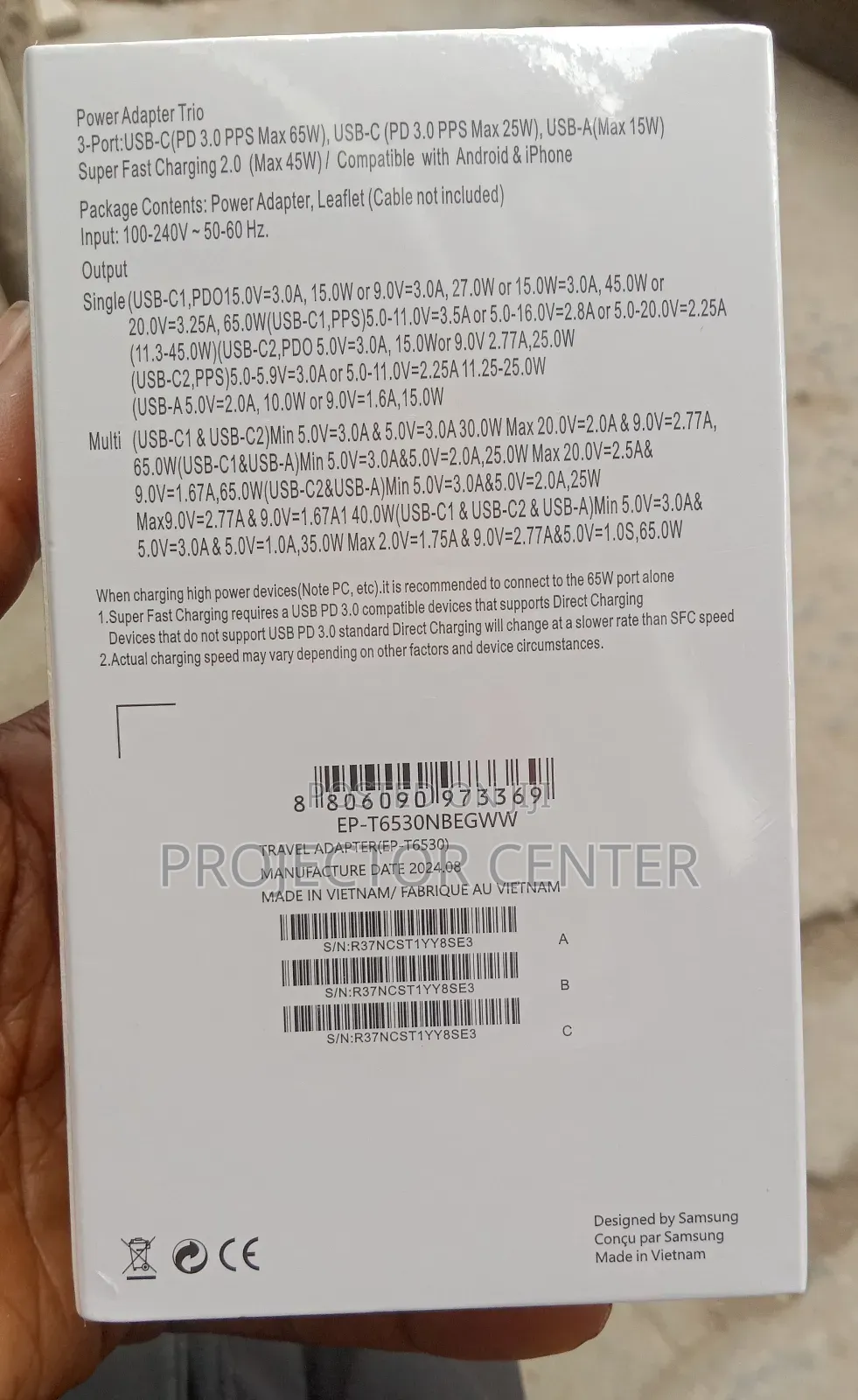Samsung 65w Pd Power Adapter Trio(Usb-C X2ports, Usb-a Port