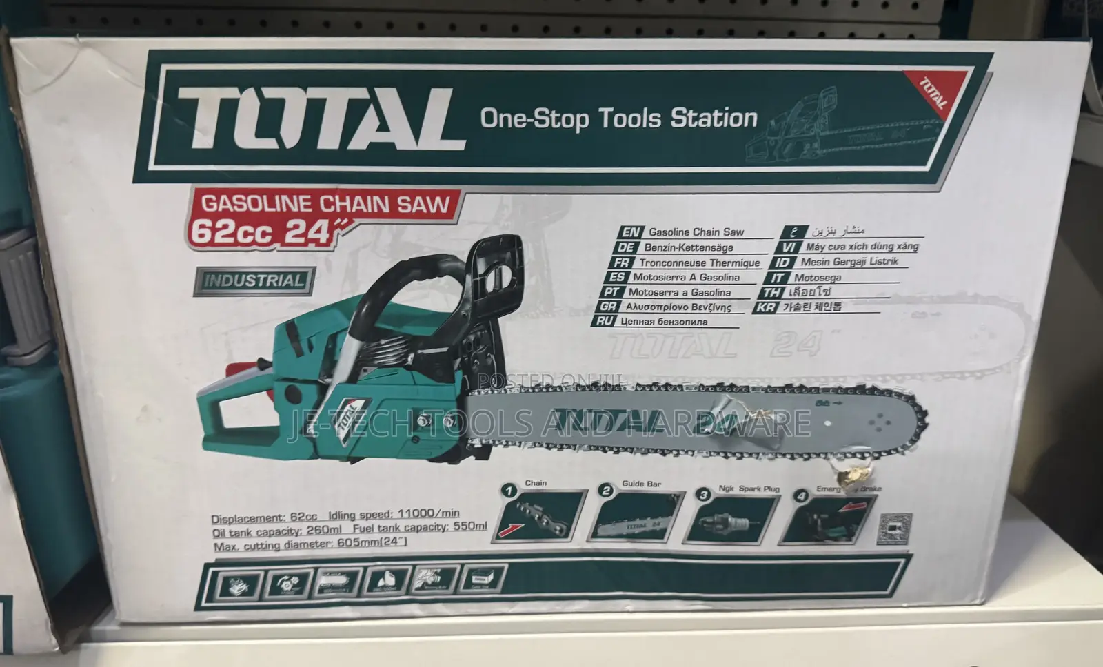 Industrial Total Gasoline Chain Saw, 62cc With a 24-Inch Bar