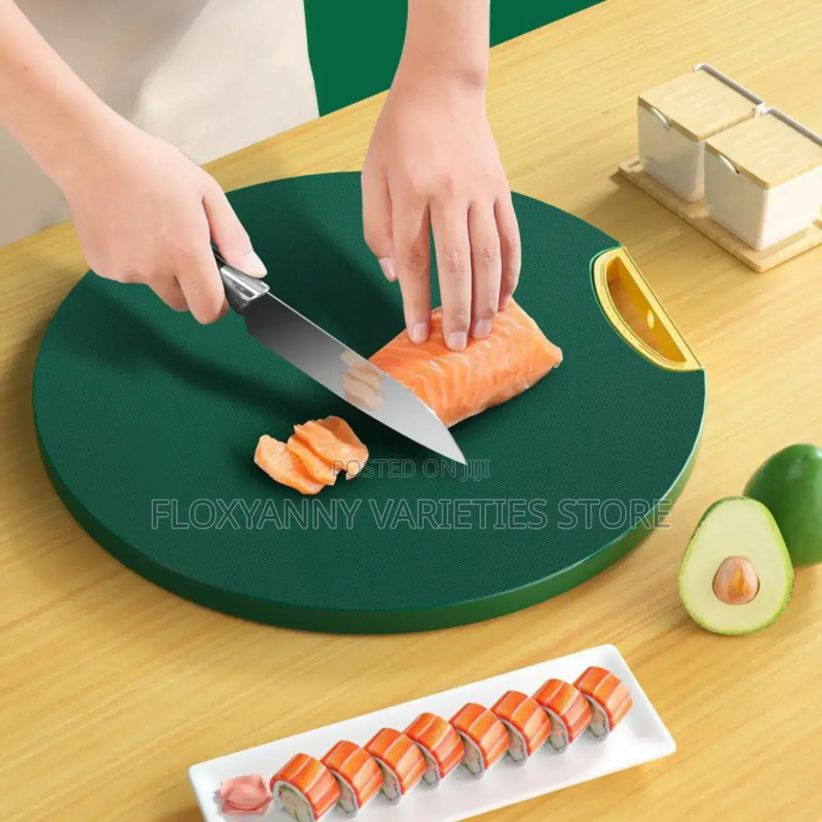 Round Green Chopping Board With Gold Handle.