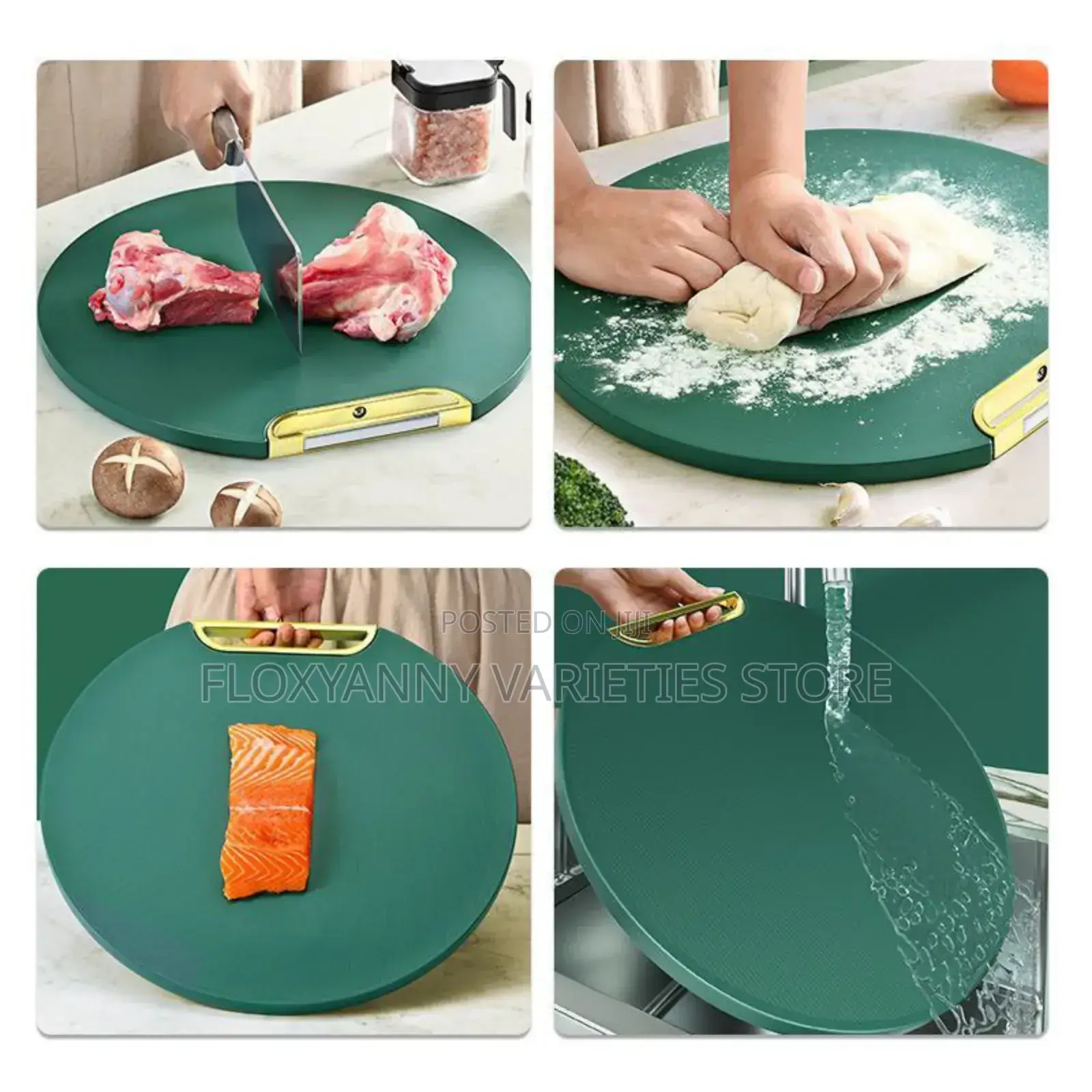 Round Green Chopping Board With Gold Handle.