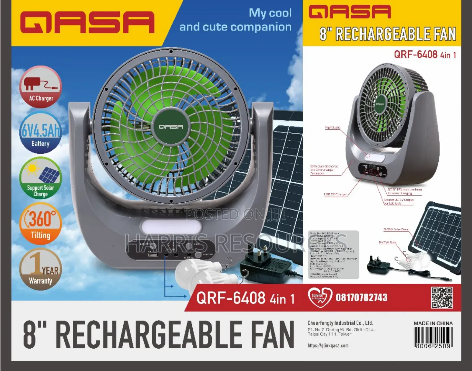 Qasa 8 Inches Rechargeable Fan With Bulbs and Solar Panel