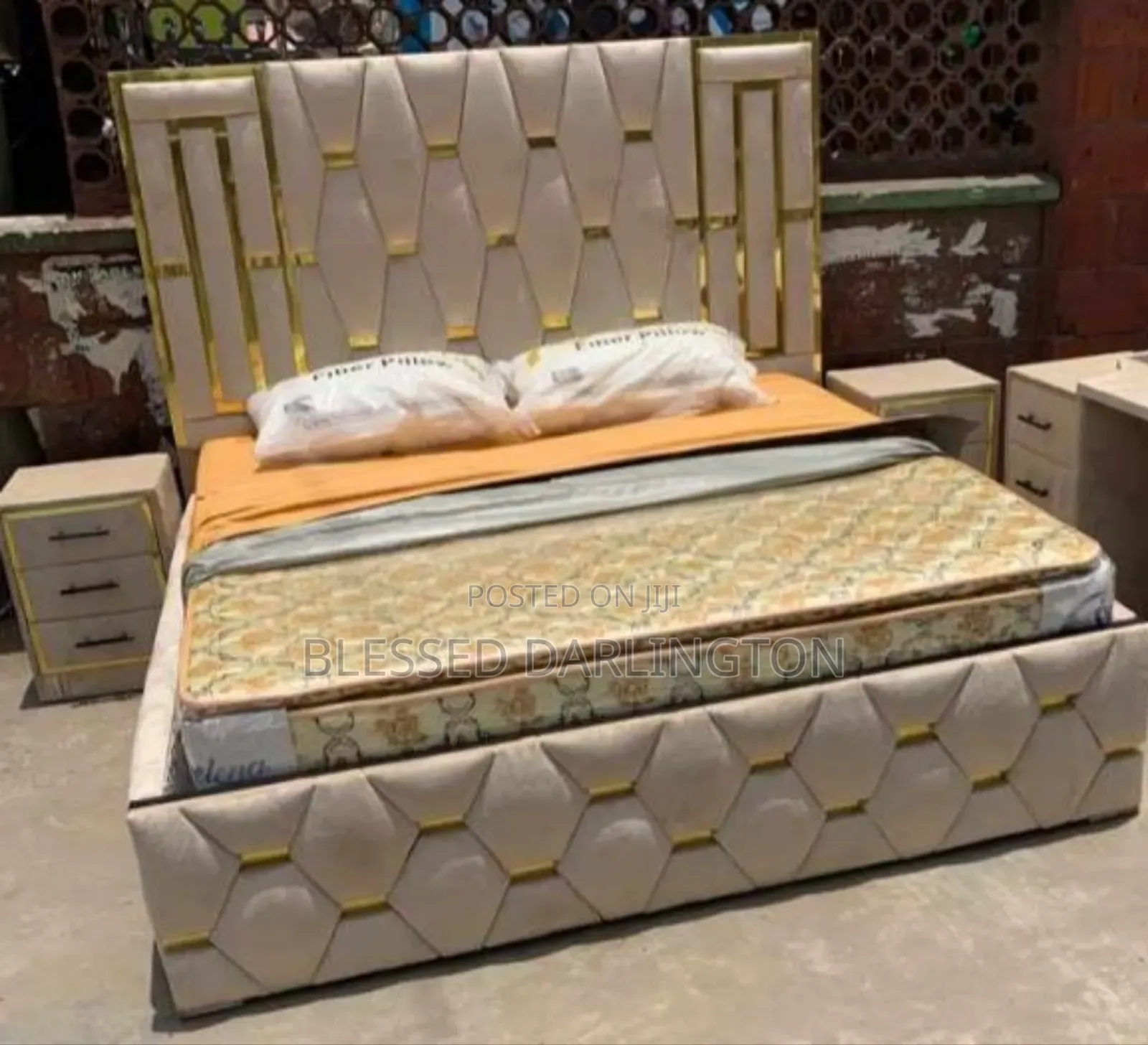 6by6 Cream Colour Bed Frame With 2 Side Cabinets