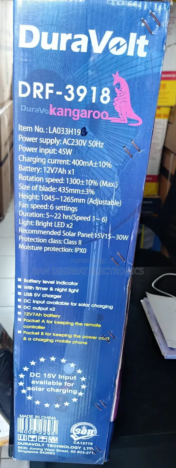 Duravolt 18" Rechargeable Standing Fan With Panel (Kangaro)