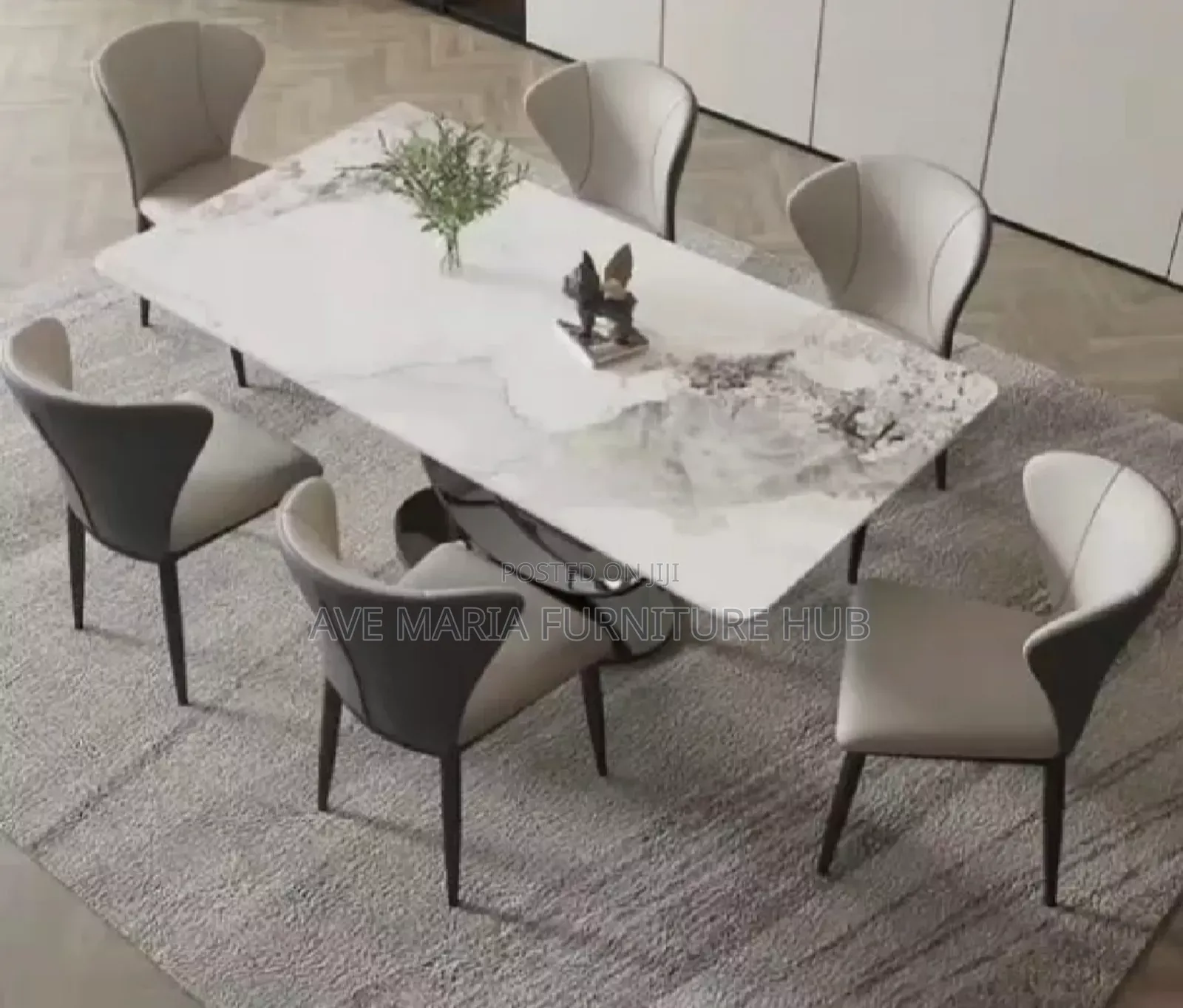 Set of Marble Top Dining Table by 6 Leather Chairs.
