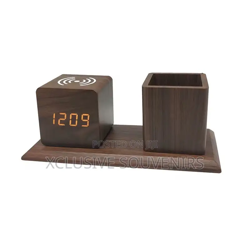 Wooden Wireless Charger Desk Organizer Digital Alarm Clock