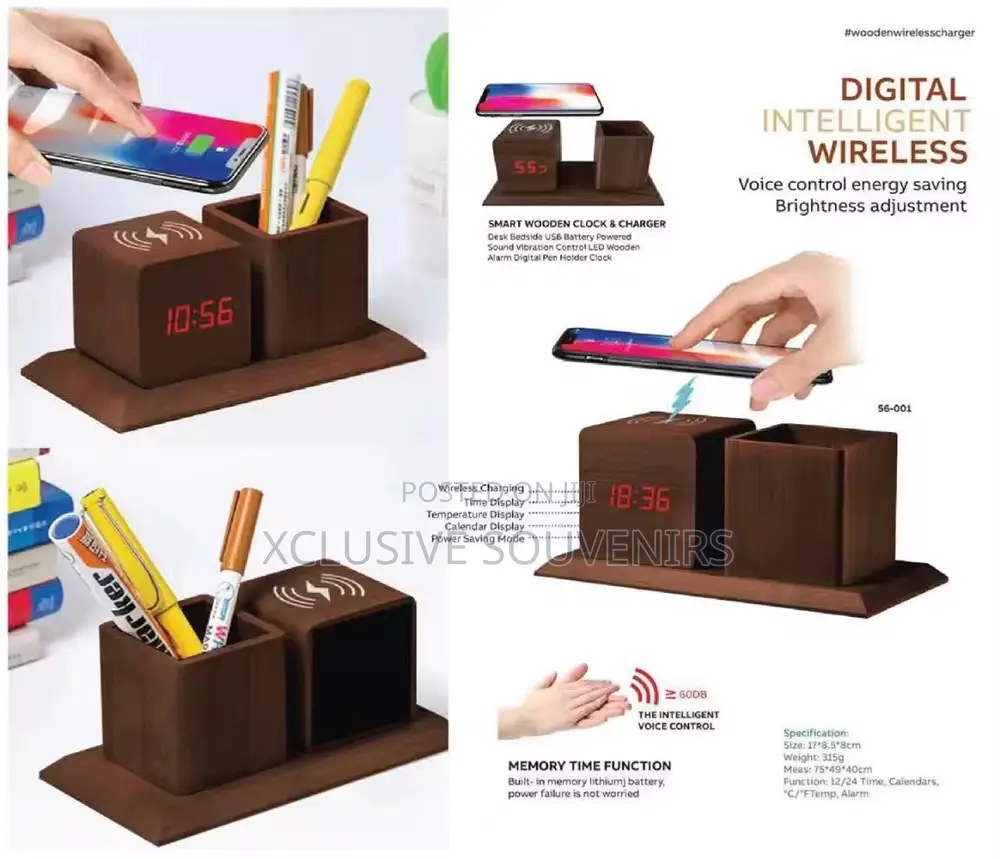 Wooden Wireless Charger Desk Organizer Digital Alarm Clock