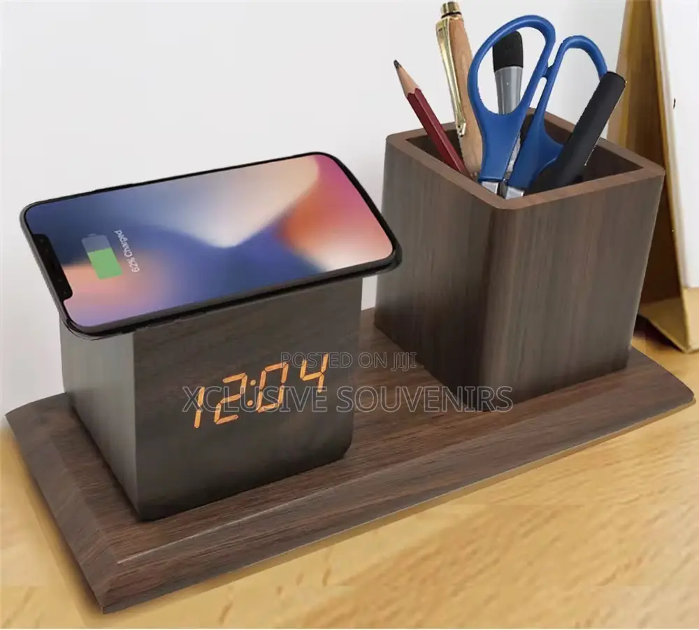 Wooden Wireless Charger Desk Organizer Digital Alarm Clock