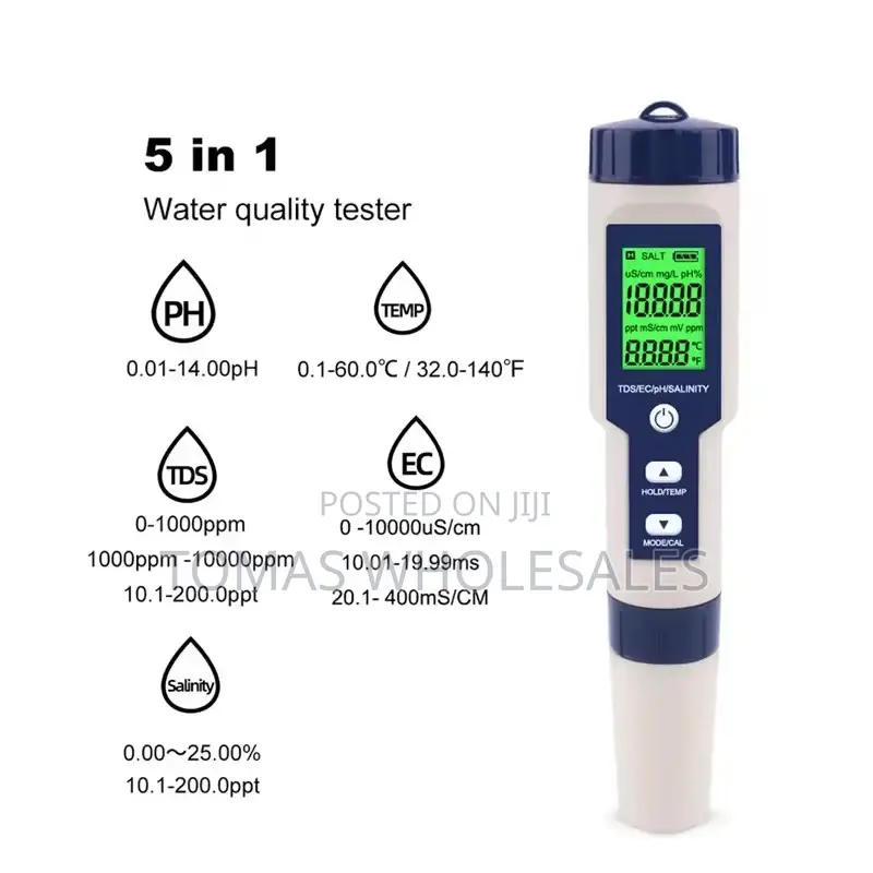 5-in-1 Digital Water Quality Tester(Ph,Temp,Tds,Ec Salinity)