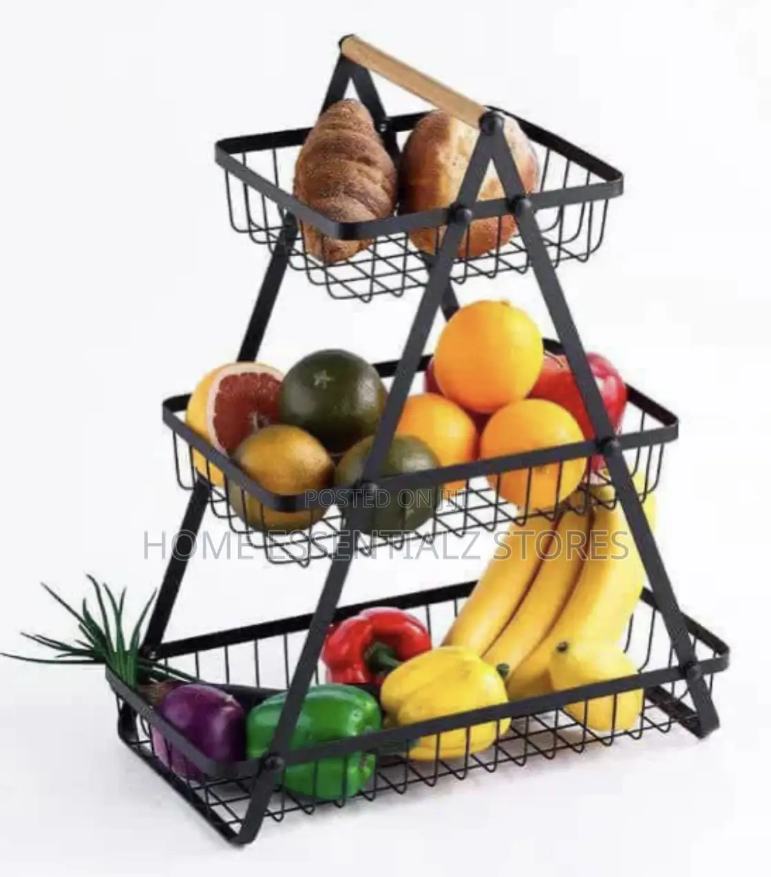 3 - Tiered Fruits Basket With Wooden Carrier