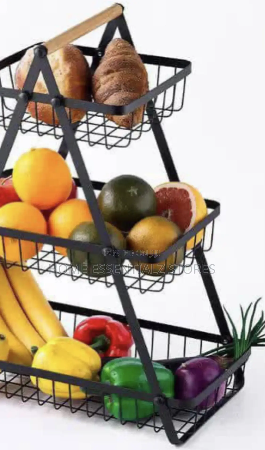 3 - Tiered Fruits Basket With Wooden Carrier