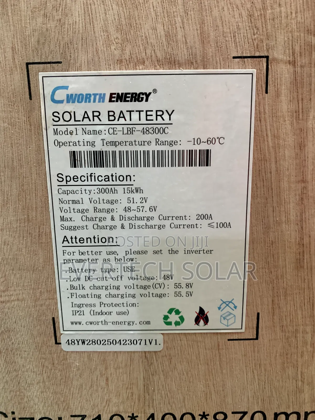 Cworth 15kwhs Lithium Battery  51.2v 300 Ahms